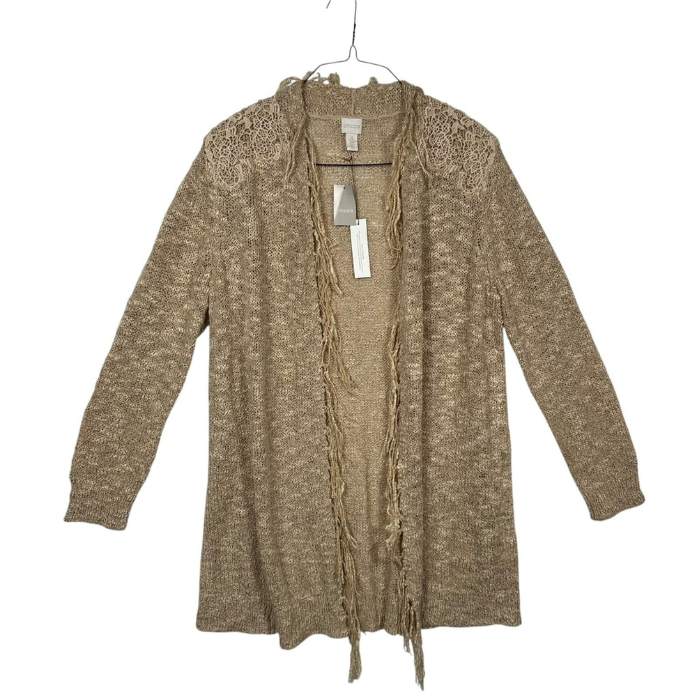 Chicos Womens 3 Long Line Cream Cardigan Embroidery With fringe Boho 3
